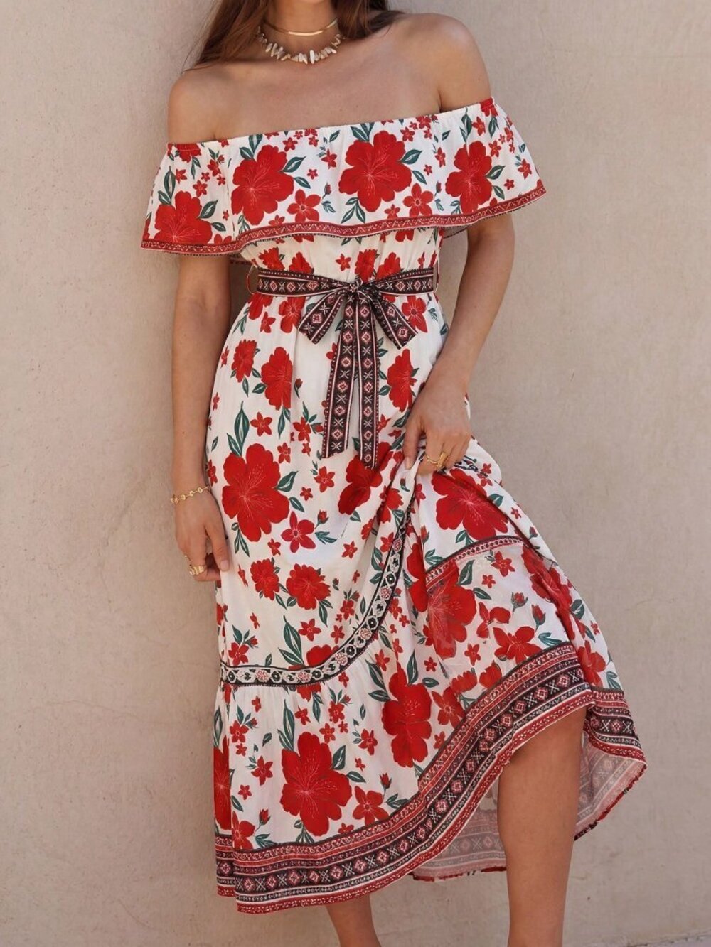 Multicolor Casual Women's Ruffle Neck Maxi Dress with Cinched Waist A-Line - Picture 5 of 6